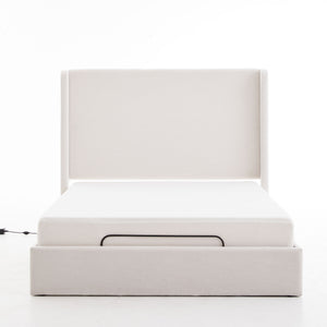 Caron - Queen Size Upholstered Wingback Bed With Adjustable Base Bundle Set - Ivory