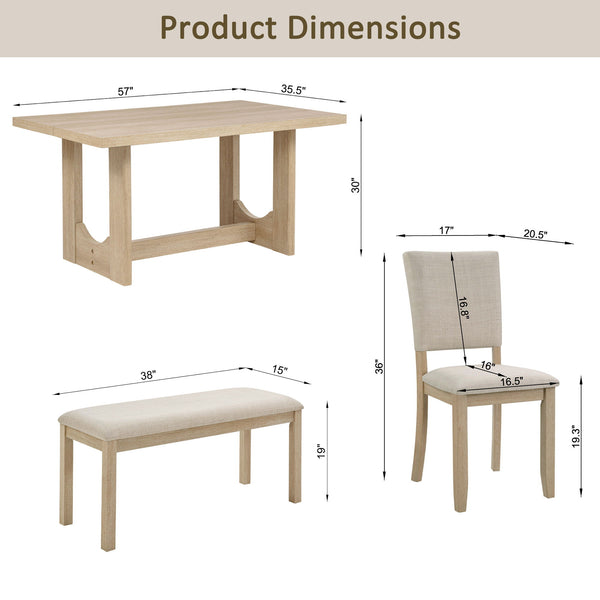 6 Piece Rectangular Kitchen Table Set With Bench And 4 Upholstered Chairs For Kitchen - Light Oak