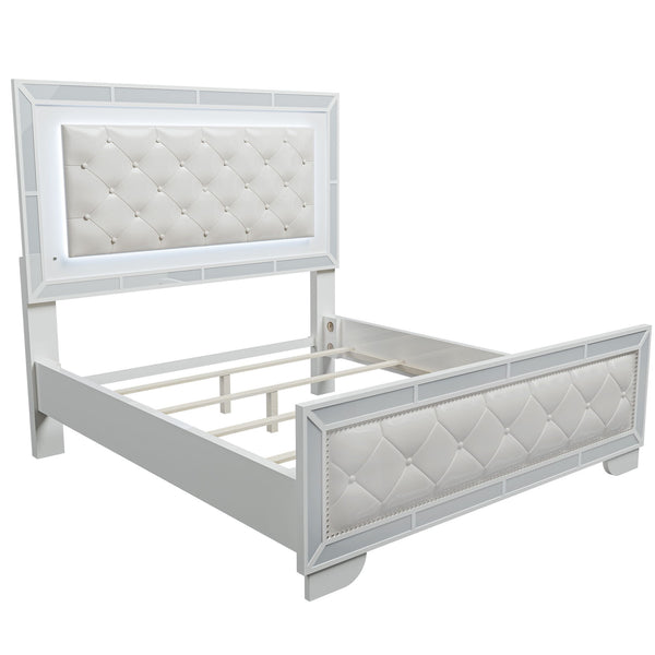Eastern King Size Bed With LED Lights And Mirror Trim - Cream / Ivory