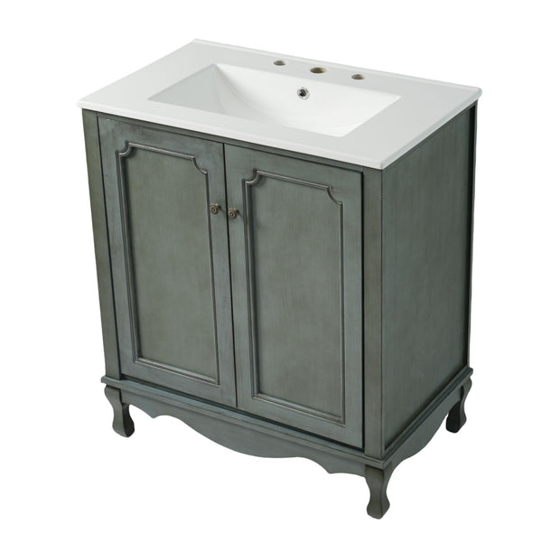 Vintage Bathroom Vanity With Ceramic Sink, Adjustable Shelves