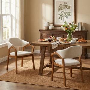 Indoor Upholstered Dining Armchair (Set of 2) - Beige / Teak