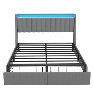 Upholstered Platform Bed Frame With RGB LED Lights, Charging Station & 2 Underbed Drawers