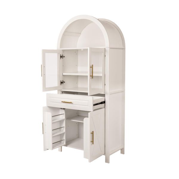 Arched Kitchen Pantry Cabinet With Adjustable Shelves & Barn Door Design