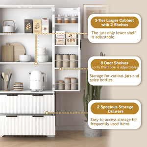 Fluted Kitchen Pantry Cabinet With 2 Large Drawers & 8 Door Spice Rack