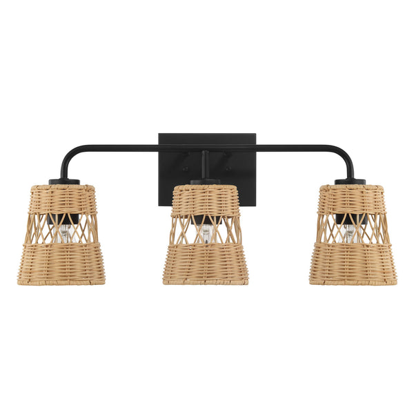 Moonlit - 3 Lights Wall Sconce With Shade, Bathroom Lighting Fixtures Over Mirror - Black / Rattan