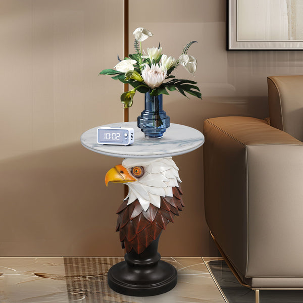Eagle Head Accent Table, Animal Statue End Tables For Living Room - Brown / Antique White