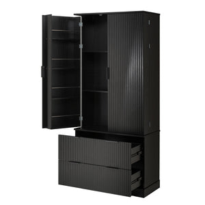 Fluted Kitchen Pantry Cabinet With 2 Large Drawers & 8 Door Spice Rack