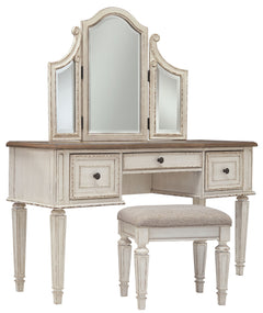 Realyn - Vanity/Mirror/Stool (Set of 3) - White / Brown / Beige