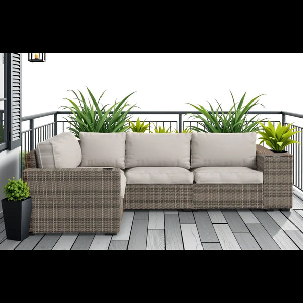 Wide Outdoor Wicker Patio Sectional With Cushions & Reversible Design - Gray
