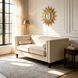 Button Tufted Square Arm Loveseat Sofa With Nailhead Trim, Upholstered 2 Seater Couch - Ivory