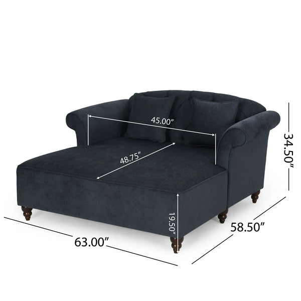 Upholstered Chaise Lounge With Scroll Arms, Turned Legs And 2 Pillows