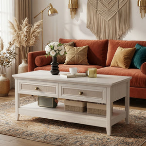 Coffee Table With Drawers & Storage Shelf - White