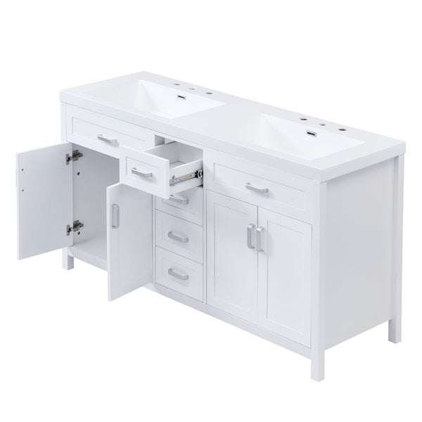 59.1" Minimalist Double Sink Bathroom Vanity With Top, Soft Close Doors & Drawers - White