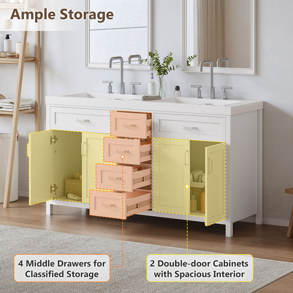 59.1" Minimalist Double Sink Bathroom Vanity With Top, Soft Close Doors & Drawers - White
