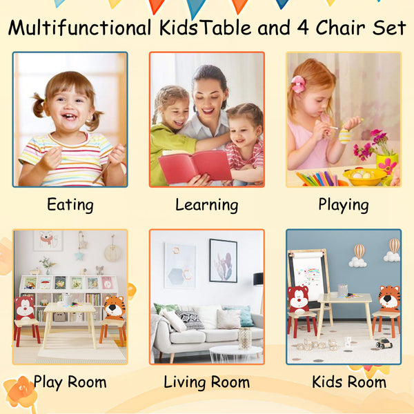 Table And 2 Chairs Set, Activity Play Table Set With Bear & Tiger Design - Natural