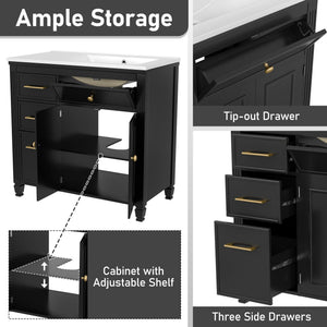 Bathroom Vanity With Sink, 1 Tip Out Drawer, 3 Side Drawers, Adjustable Shelf