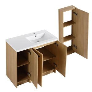 Freestanding Bathroom Vanity Set With Tall Linen Cabinet, 3 Door Storage Cabinet, Single Sink