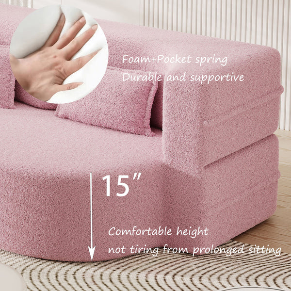 Modern Floor Sofa, With 2 Pillows, Convertible Teddy Fabric Foam Filled Bed