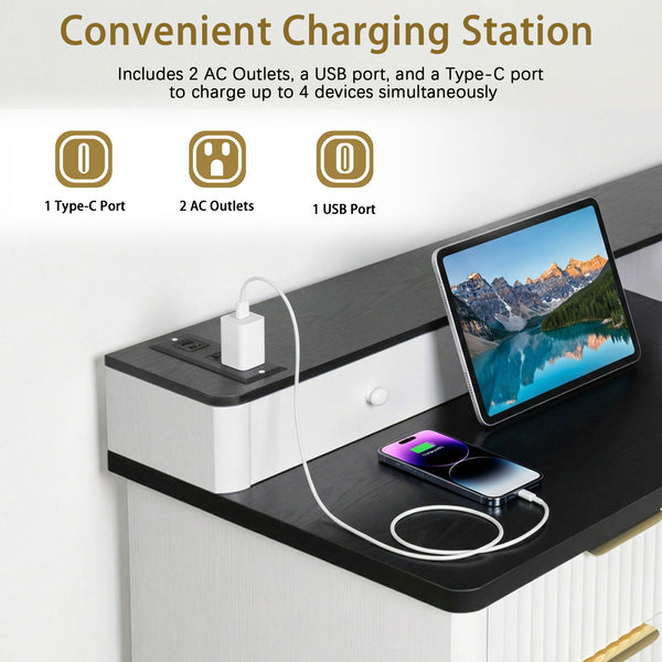 Fluted L-Shaped Desk With Charging Station & Storage Cabinet