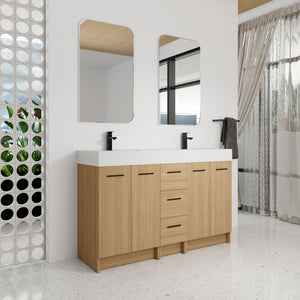 Double Sink Bathroom Vanity With 3 Drawers, Large Storage, Integrated Sink, Freestanding Cabinet, Soft Close Hardware - Glossy White / Light Oak