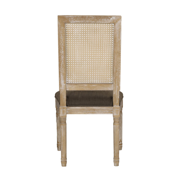French Country Dining Chair With Rectangular Cane Backrest And Smooth Upholstered Seating