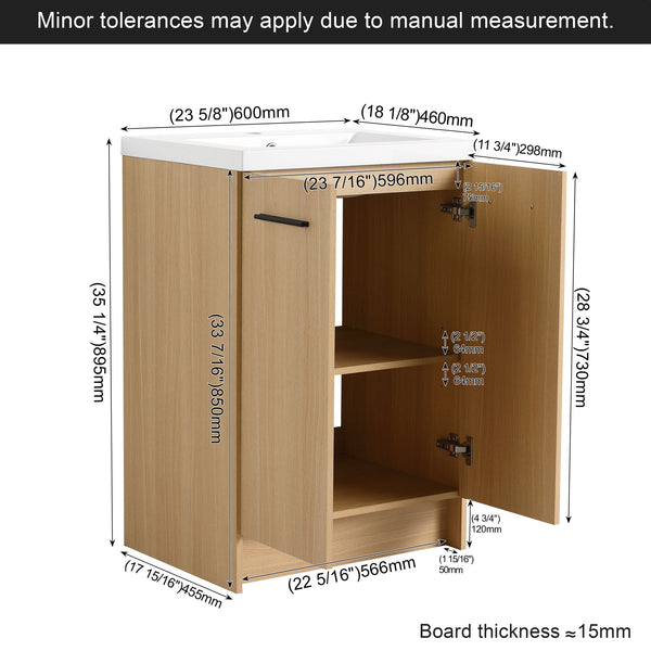 Freestanding Bathroom Vanity Set With Tall Linen Cabinet, Single Sink, Extra Storage, Soft Close Doors - Glossy White / Light Oak