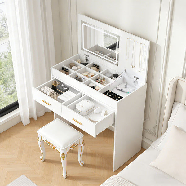 Flip Top Vanity Desk With LED Mirror & Outlet Makeup Table With 2 Drawers, Open Storage, And Jewelry Hooks - White