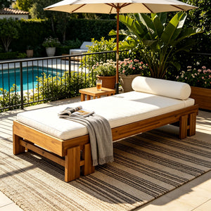 Daybed With Cushion & Pillow, Low Profile Design For Indoor / Outdoor Use - Cream / Teak