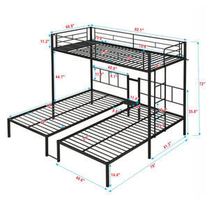 Twin Over Twin Over Twin Triple Bunk Bed With Safety Rails And Storage Shelf - Black