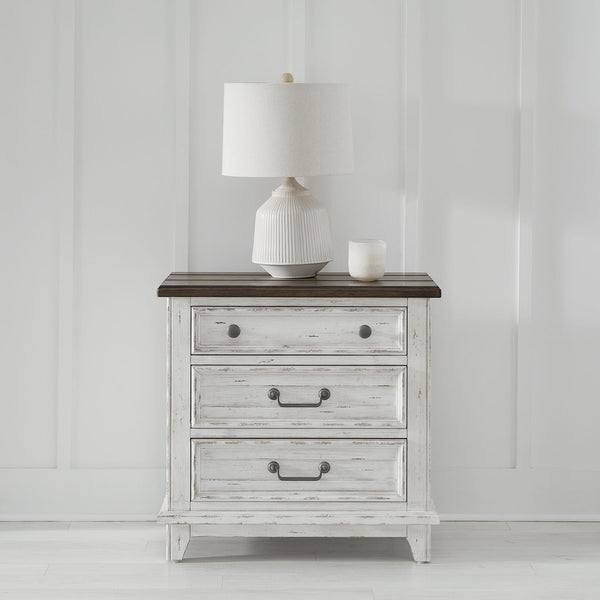River Place - 3 Drawer Nightstand With Charging Station - Riverstone White & Tobacco