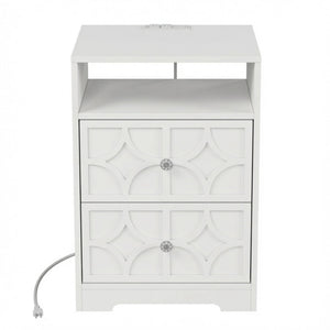 Nightstand With Diamond Carvings Handles, 2 Drawers & Charging Station