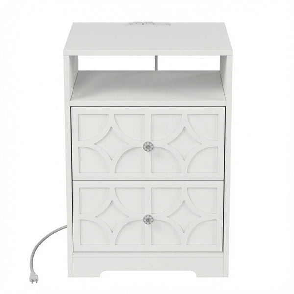 Nightstand With Diamond Carvings Handles, 2 Drawers & Charging Station