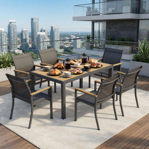 7 Piece Gray Aluminum Patio Dining Set With Textilene Chairs For Outdoor Living Frame With Accents, 59" Rectangle Table, All Weather Durable