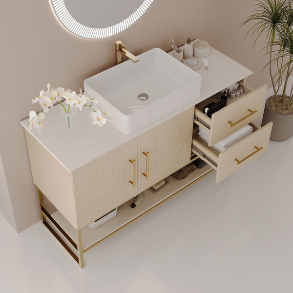 Bathroom Vanity With Vessel Sink Accent Free Standing Cabinet - Ameican White Oak / Gold / White