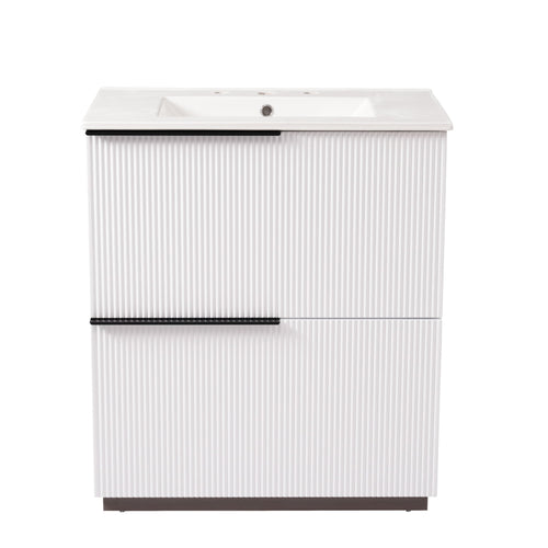 Fluted Bathroom Vanity With Ceramic Sink, Soft Close Slides