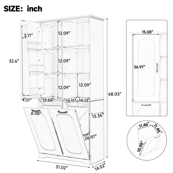 Freestanding Tall Storage Cabinet With 2 Tilt Out Hampers, Adjustable Shelves, Soft Close Door, Door Mounted Organizer - White