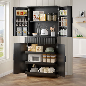 Fluted Kitchen Pantry Cabinet With 3 Keyboard Drawers & 6 Door Shelves Adjustable
