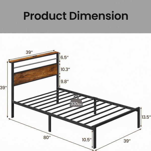 Platform Bed Frame With Charging Station & Headboard Shelves