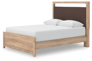 Kinlanni - 3 Pc. - Queen Upholstered Panel Bed With Roll Slats, Dresser And Mirror - Tan