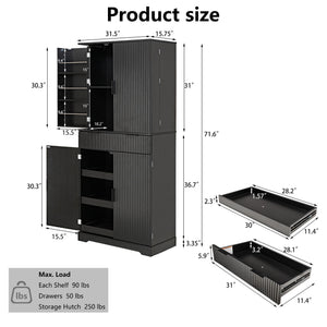 Fluted Kitchen Pantry Cabinet With 3 Keyboard Drawers & 6 Adjustable Door Shelves