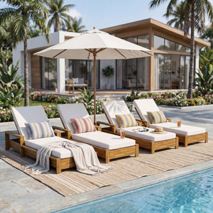 Chaise Lounge Set With 3 Position Adjustable Backrest, 2 Fold Cushion, Outdoor Recliner For Patio - Cream / Teak