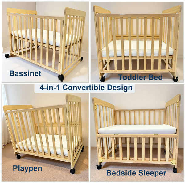 Portable Bedside Bassinet With 3 Adjustable Heights, Mini Crib For Newborns - Natural Wood