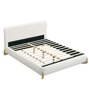 Queen Size Upholstered Bed With 12 Slats Support - White