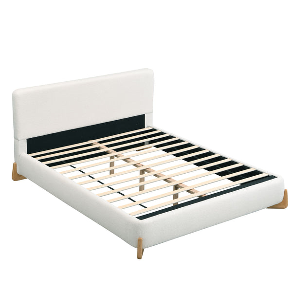 Queen Size Upholstered Bed With 12 Slats Support - White