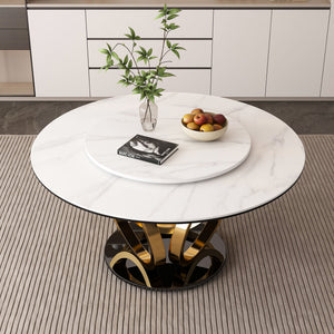 Round Dining Table With 360° Smooth Lazy Susan For Dining Room - Gold / Black / White