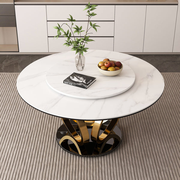 Round Dining Table With 360° Smooth Lazy Susan For Dining Room - Gold / Black / White