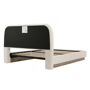 Linton - Queen Size Upholstered Platform Bed - Cream White / Light Grey / Camel Oak