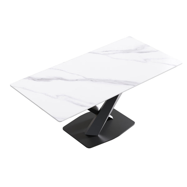 Modern Artificial Stone Straight Edge Metal X Leg Dining Table, 6 People