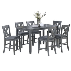 7 Piece Dining Room Furniture, Counter Height Table And 6 Chairs Set - Gray