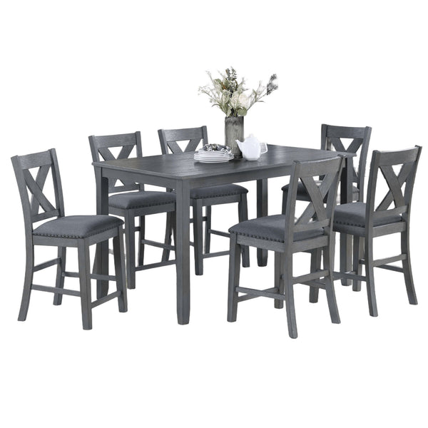 7 Piece Dining Room Furniture, Counter Height Table And 6 Chairs Set - Gray